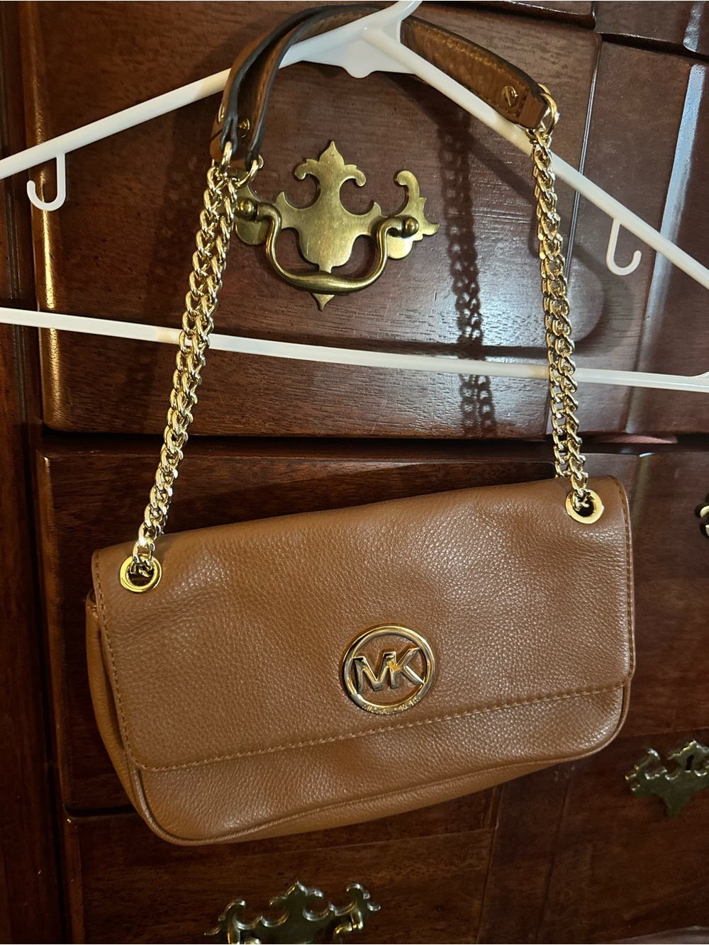 Michael Kors Caramel Pebbled Leather Shoulder Bag with Gold Chain